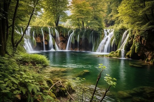 Beautiful waterfall landscape of Plitvice Lakes, Croatia. Generative AI