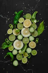 Vibrant and juicy close-up shot of citrus fruit slices, including grapefruit, oranges, and lemons