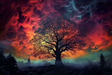 Stunning forest tree amidst colorful evening sky. Generative AI