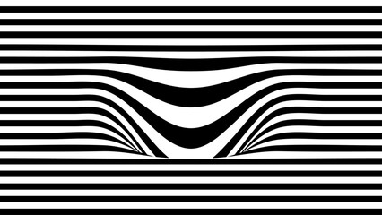 Black and white stripe pattern with warped wormhole effect in center - obrazy, fototapety, plakaty