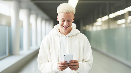 A modern cheerful guy with blond curly hair is typing a text message on a mobile phone, enjoying online communication,