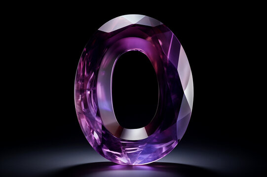 Beautiful natural 3D gemstone font design, alphabet letter O with glossy purple amethyst texture isolated on black background, precious stone crystal abc for luxury and jewelry concepts