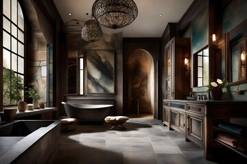 Bathroom in an Old World European style, clean modern design featuring aged stone and deep jewel tones - obrazy, fototapety, plakaty