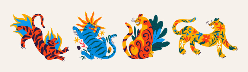 Abstract cartoon tigers in tropical retro style 90s.Hippie groovy animals hand drawn © Limpreom