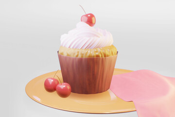 Delicious tasty Cupcakes with cherry on top, 3d rendering