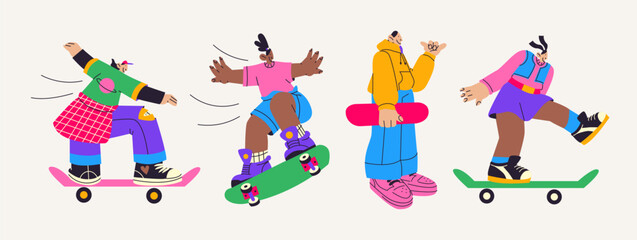 Cartoon characters skaters girls athletes. Active types of modern street sports, teenagers ride skateboards and do tricks - obrazy, fototapety, plakaty