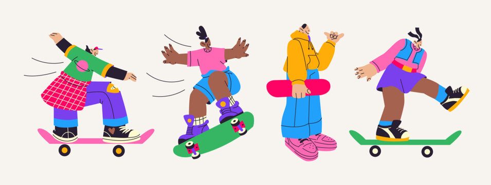 Cartoon characters skaters girls athletes. Active types of modern street sports, teenagers ride skateboards and do tricks