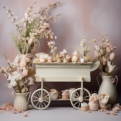 dessert cart with floral backdrop photography 