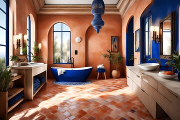 Bathroom in a Mediterranean villa style, clean modern design featuring terracotta and cobalt blue color scheme