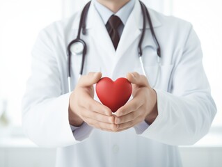 Doctor hand holding red heart with soft and light background. Healthcare and wellbeing concept
