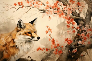 Japanese art featuring a fox depicted in ink on a canvas print. Generative AI