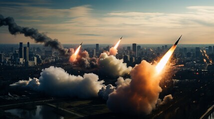 Missiles Launching Over City Skyline World War III
