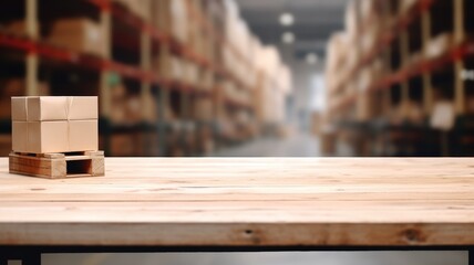 The empty wooden table top with blur background of warehouse storage. Generative AI image AIG30.