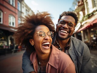 A joyful couple laughing together on a vibrant city street. The woman wears clear glasses and has a full afro, while the man dons stylish orange-tinted glasses.