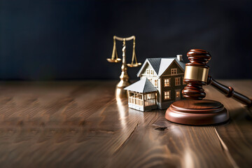 Gavel justice hammer and house model. Judge auction and real estate concept - obrazy, fototapety, plakaty