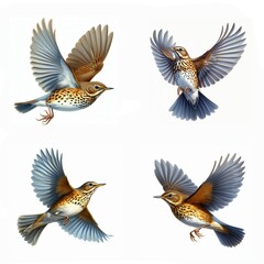 A set of male and female Swainson's Thrushs flying isolated on a white background