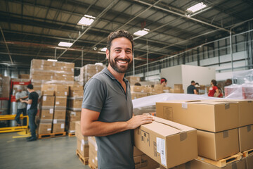Young mixed race American man business worker  holding packages at storehouse background.