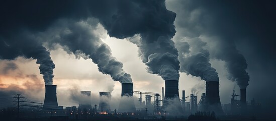 Industrial chimney emissions creating a gloomy sky for messages or text