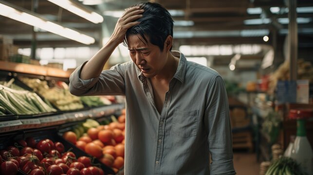 A distressed man stands near a produce section in a supermarket, surrounded by vibrant vegetables, his hand rubbing his forehead.