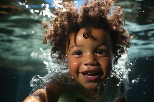 A young child with curly hair joyfully swimming underwater, gazing upwards with sparkling eyes.