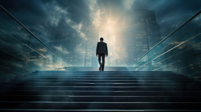 A man in a suit ascends modern glass stairs leading towards illuminated skyscrapers under a dramatic cloudy sky, climbing corporate ladder concept