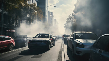 Cars on the street of the city are stuck in a traffic jam. Heavy smoke
