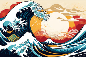 Japanese-Style Ocean Big Wave Hand-Drawn Vector Illustration with Water Splash and Stormy Weather