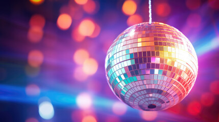 hanging disco ball with lights , pink and purple - obrazy, fototapety, plakaty