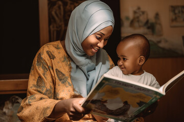 Black African woman in hijab reading book to her baby, AI generated