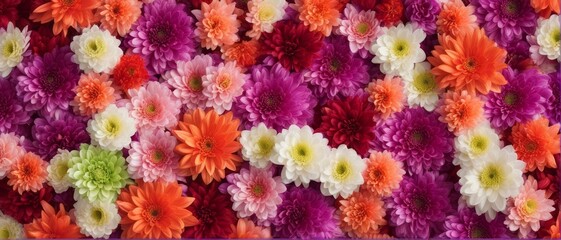 Fototapeta na wymiar lowers wall background with amazing red,orange,pink,purple,green and white chrysanthemum flowers 