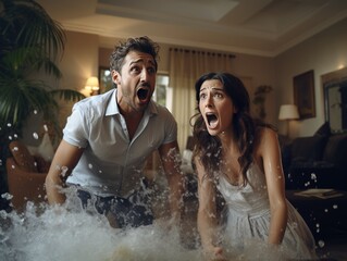 A shocked couple, drenched in water, reacts with wide-eyed surprise in a well-lit living room setting, pipe leak, burst, shock, insurance, unexpected events