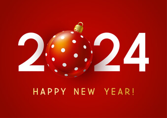 New Year concept - 2024 numbers with Christmas ball on red background  for winter holidays design