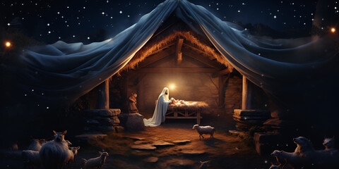 Christmas scene with virgin mary in christmas crib with baby jesus mary and joseph in the barn Starry sky above a nativity scene with sheep and a manger generative ai
 - obrazy, fototapety, plakaty