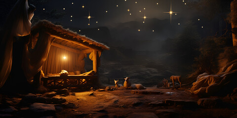 Christian christmas concept birth of jesus christ abstract religion Starry sky above a nativity scene with sheep and a manger generative ai

 - obrazy, fototapety, plakaty