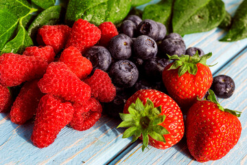 Fresh organic blueberries and raspberries. Blueberry and raspberry.Healthy eating,diet concept