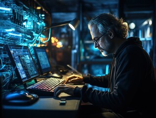 A man with glasses intently works at a computer station, surrounded by glowing tech equipment.