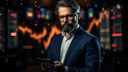 A focused man in glasses and a formal suit, holding a tablet, stands against a backdrop of illuminated stock market graphs, trader, financial advisor, 