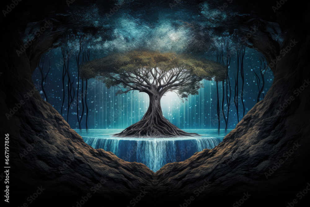 Wall mural the tree of life in the forest cave - generative ai