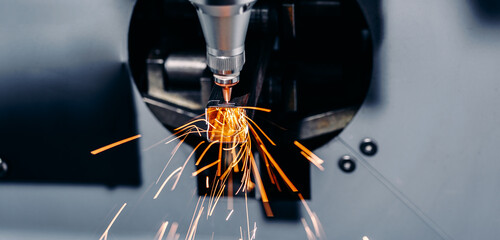 Blue color technology modern industrial background. Laser CNC cut of metal profile of square...