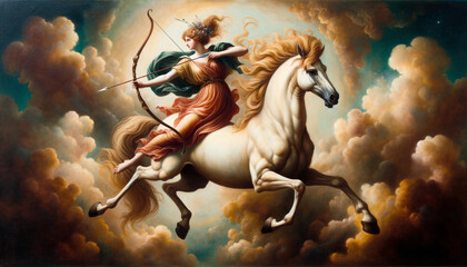 Obraz na płótnie Canvas Woman on top of a horse shooting arrow, Generative AI