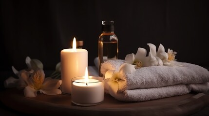 Fototapeta na wymiar Wellness und Spa Oase zu Hause. Romantisch mit Kerzen, duftenden Öl, Badesalz und weichen Badetüchern. Entspannung und wohltuende Körperpflege im Wellnessbereich.