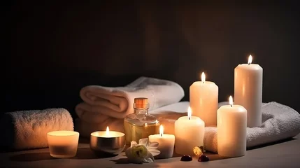 Fotobehang Wellness und Spa Oase zu Hause. Romantisch mit Kerzen, duftenden Öl, Badesalz und weichen Badetüchern. Entspannung und wohltuende Körperpflege im Wellnessbereich. © Marco
