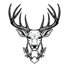 a drawing of a deer head in black and white. Tattoo idea for wildlife, forrest and  hunting theme.