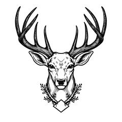 Selbstklebende Fototapeten a drawing of a deer head in black and white. Tattoo idea for wildlife, forrest and  hunting theme. © Mirador