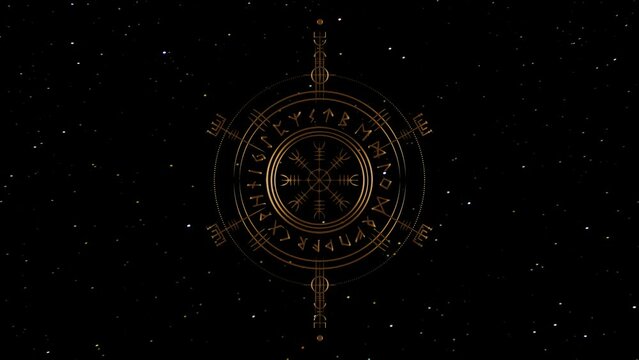 Video Viking Pagan Asatru Runic Compass, Vegvisir Rune Circle Viking in motion. Norse Mythology Golden Protective talisman. Magical Navigator footage on the galaxy space