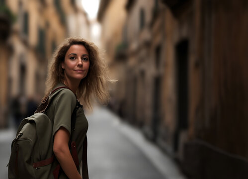 Young woman enjoying vacation in Europe. Backpacing in the streets of an european city