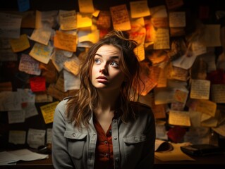 A young woman looks up, surrounded by a chaotic backdrop of countless sticky notes filled with scribbles, overworked, confused, conflict, conflicted, focus, unfocussed, worried, dazed,