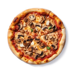 Fototapeta na wymiar Delicious Funghi pizza with mushrooms, top view, isolated on white as a cut-out PNG with shadow.