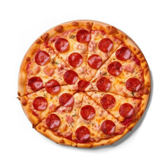 Delicious pepperoni pizza from above isolated on a white background. A cut-out pizza as a PNG. - obrazy, fototapety, plakaty
