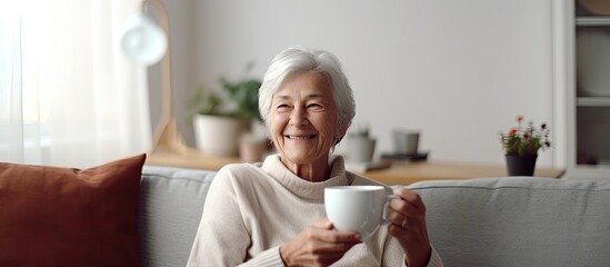 Elderly woman relaxing at home enjoying a hot beverage and looking at the camera in the living room